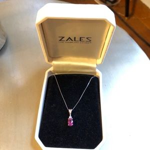 Zales 14K White Gold Pink Gem Necklace w/Diamonds